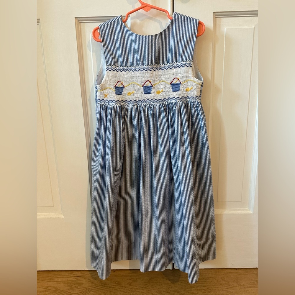 EUC Smocked Blue and White Seersucker Girls Dress